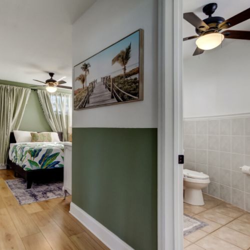 Queen bedroom and bathroom.