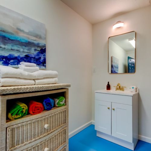 Pool towels, bath towels, storage.