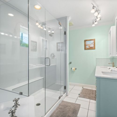 Double sink, walk-in shower.