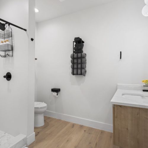 Sleek, modern bathroom on the main level featuring a spacious walk-in shower and contemporary finishes.