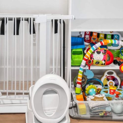 Baby gates, baby toys, and a toddler potty and stool. Not pictured - full size foldable crib, crib mattress, mattress protector, sheet.