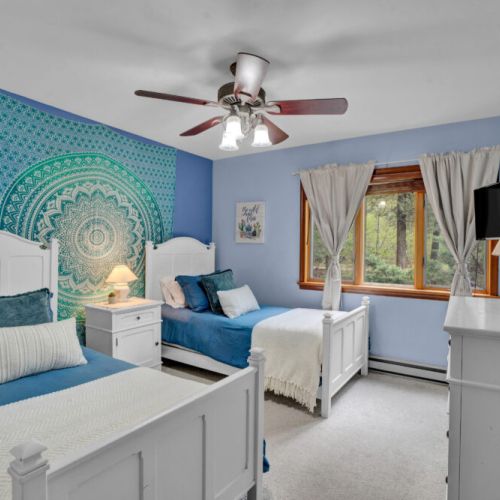 First floor twin room. Tv, 2 beds, fan.