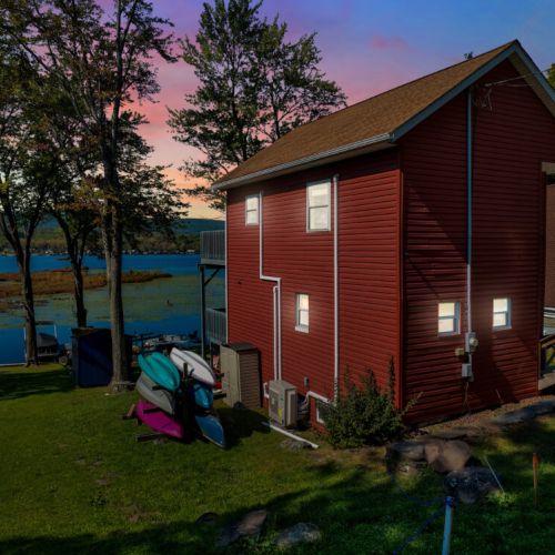 Lakefront Lodge at dusk.