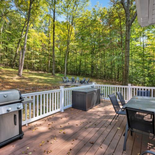 Outdoor dining on the back deck designed to enjoy lake and forest views.