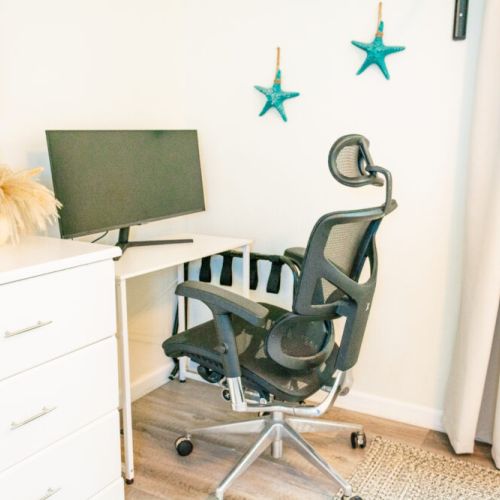 Office work area. If a bigger desk is needed, let us know. We have a folding table.