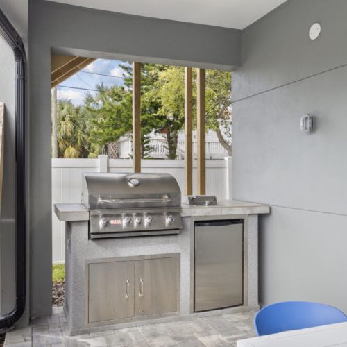 Built-In Grill and mini fridge for your convenience. Burner grill, separate burner for pots.