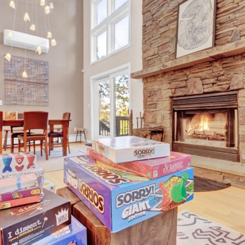 Lots of games, puzzles, cards. Baby gate for fireplace available.