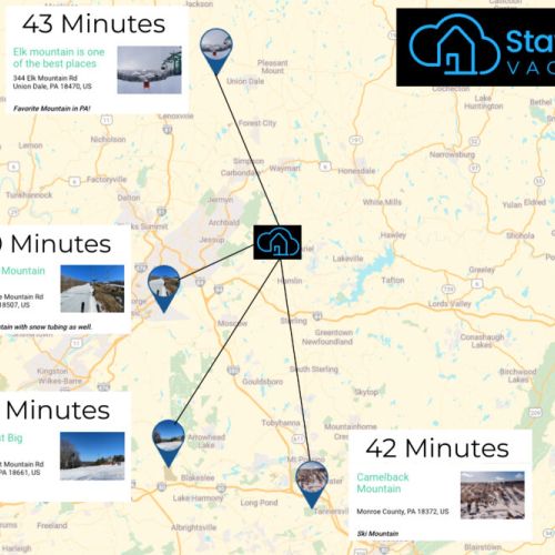 Great choices for skiing and snowboarding near by.  Elk Mountain (925 ft) and Montage Mountain (1000 ft)have far less crowds with a high vertical drop for PA.