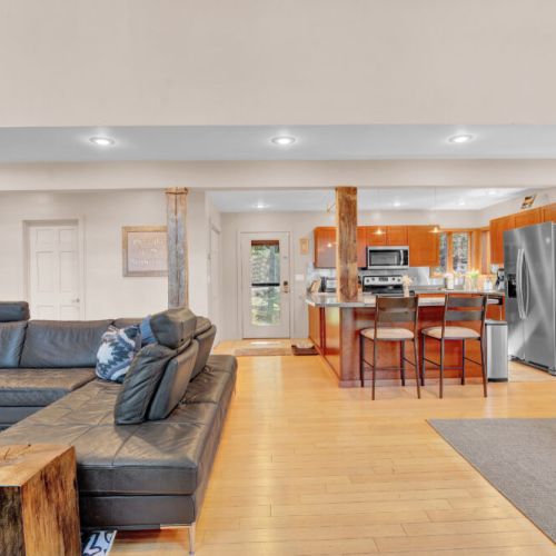 Open floor plan for all to hang out. Entrance, kitchen, living room, bathroom.